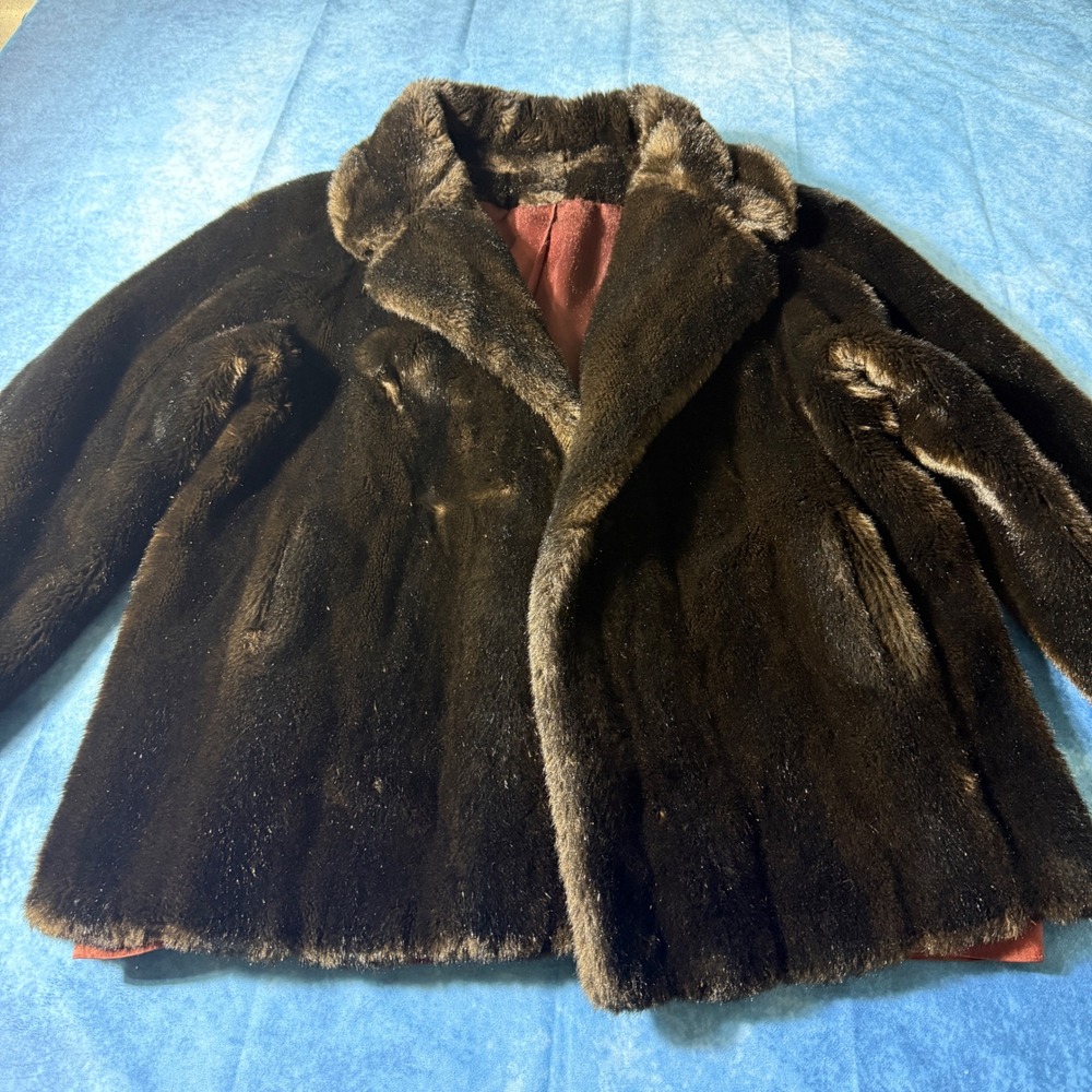 Vintage Tissavel France Faux Fur Coat Dark Brown Burgundy Lined Made USA - Picture 6 of 7